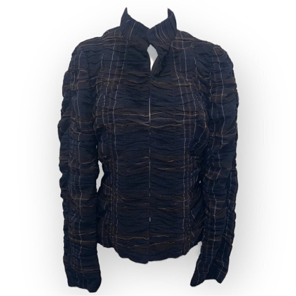 Zara woman dark blue wool ruched plaid jacket size Small